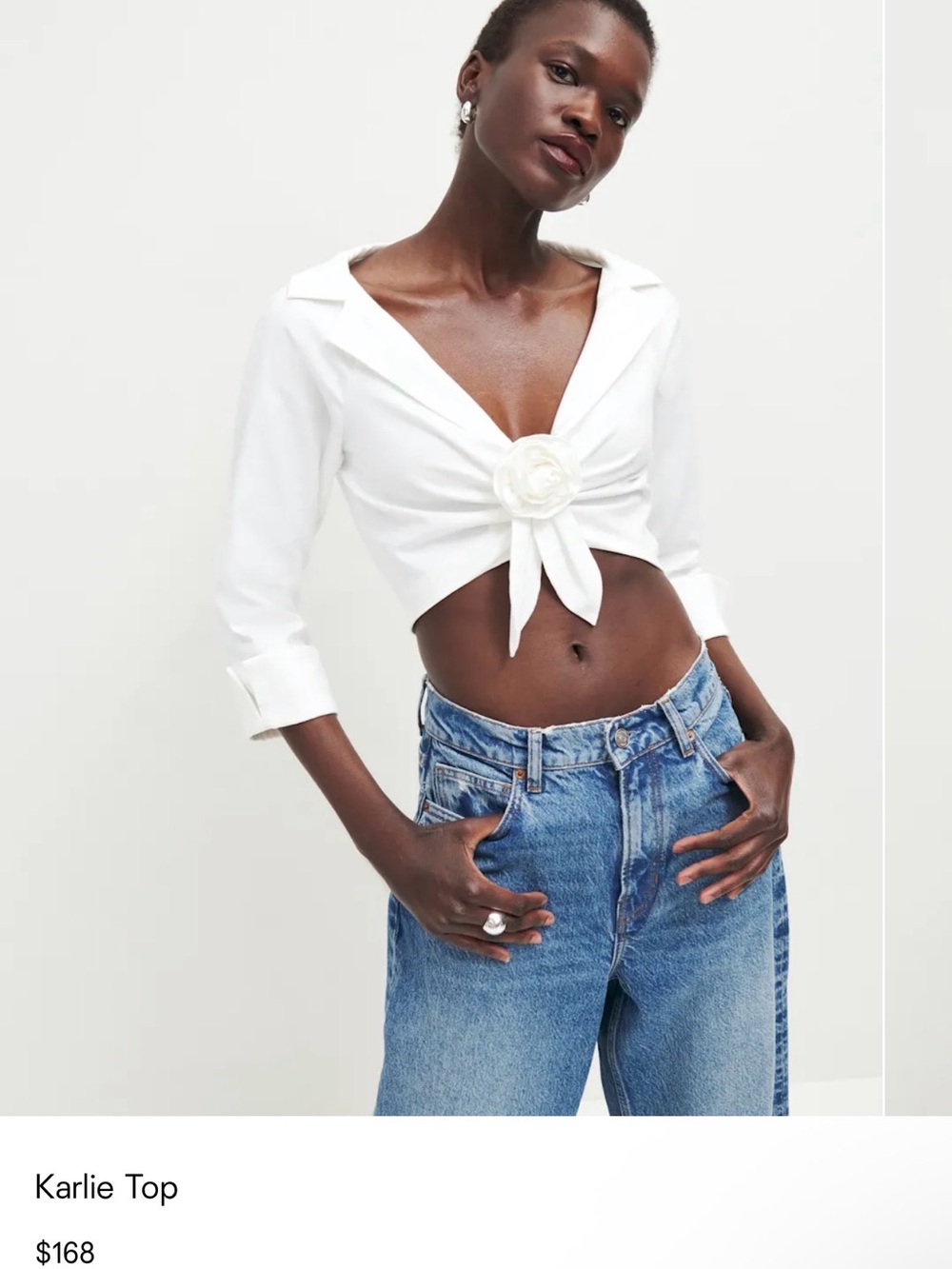Reformation Karlie White Tie-Front Crop Top with Rosette 0